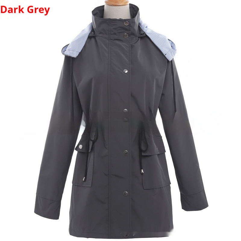 Grace Harrison | Hooded Drawstring Raincoat in Black, Khaki & Navy