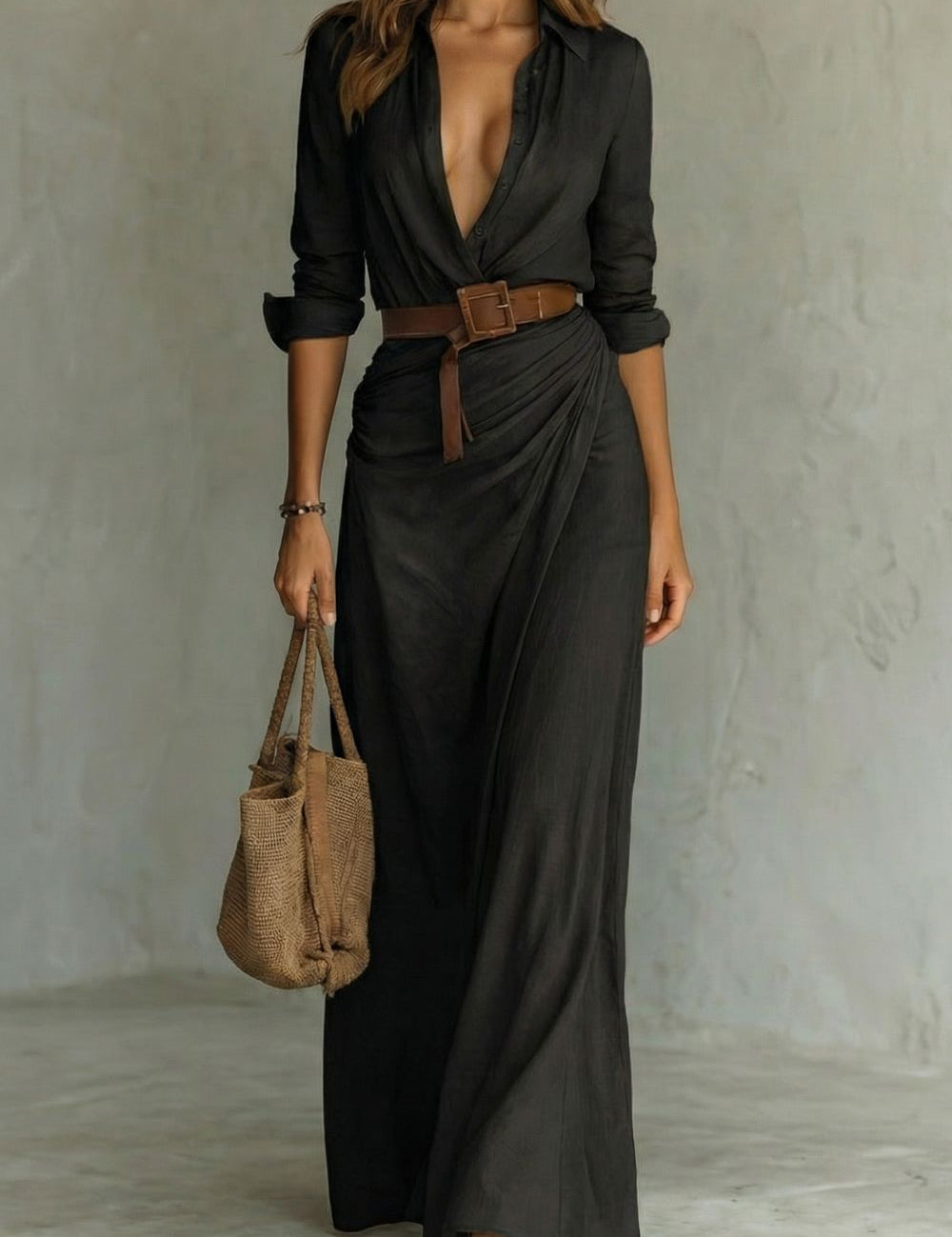 Elowen Harris | Deep V-Neck Belted Maxi Shirt Dress in Khaki