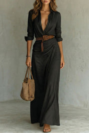 Elowen Harris | Deep V-Neck Belted Maxi Shirt Dress in Khaki