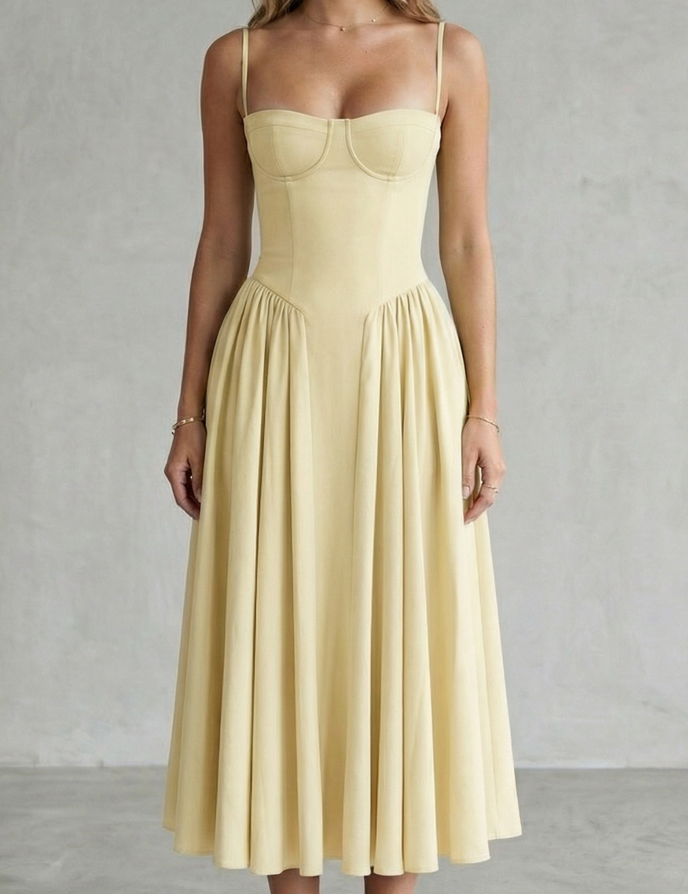 Imogen Hall | Sage Green Corset Midi Dress with Pleated Skirt