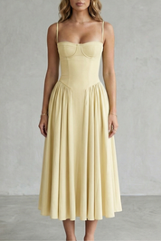 Imogen Hall | Sage Green Corset Midi Dress with Pleated Skirt