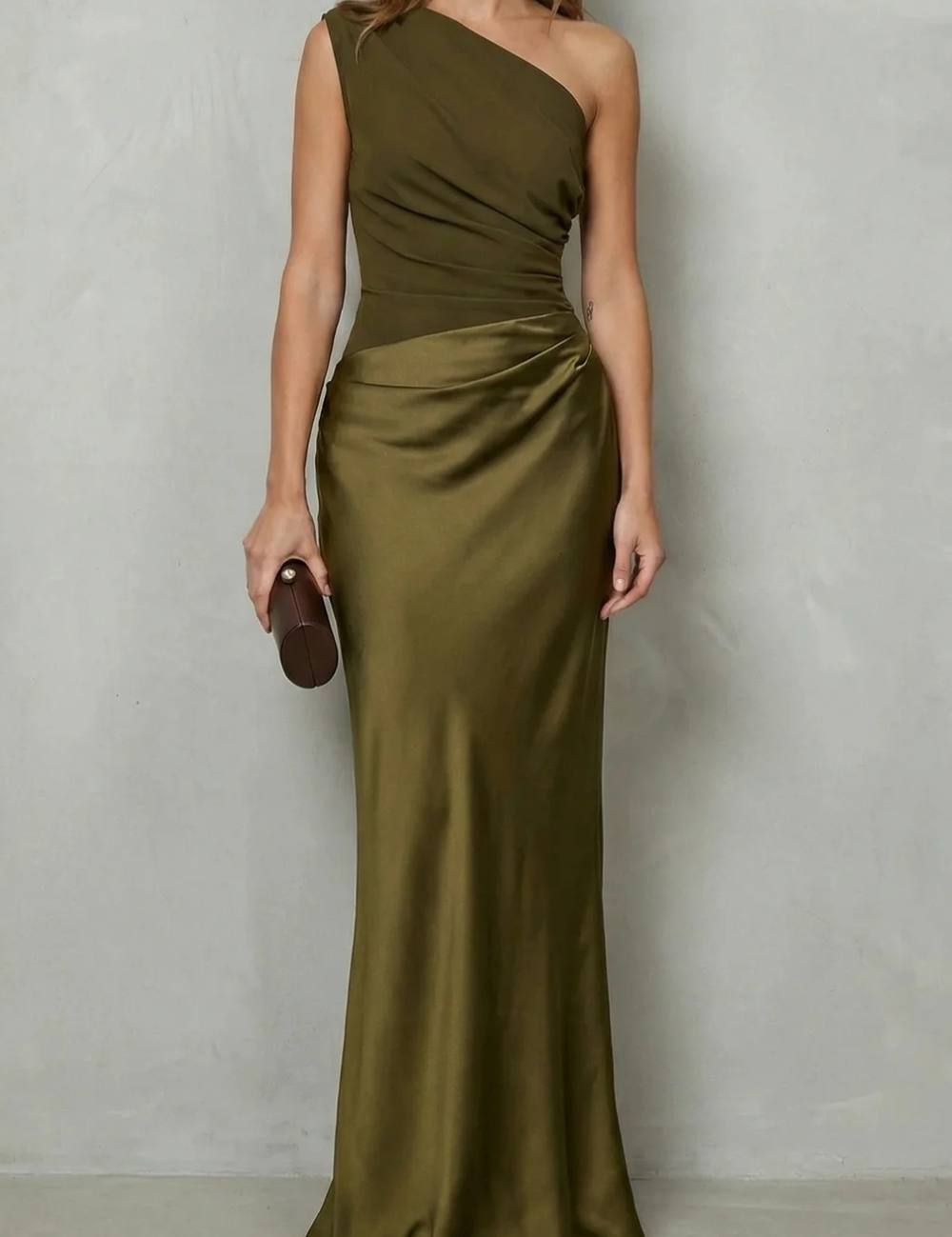 Penelope Scott | One-Shoulder Satin Maxi Dress in Chocolate Brown