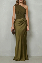 Penelope Scott | One-Shoulder Satin Maxi Dress in Chocolate Brown