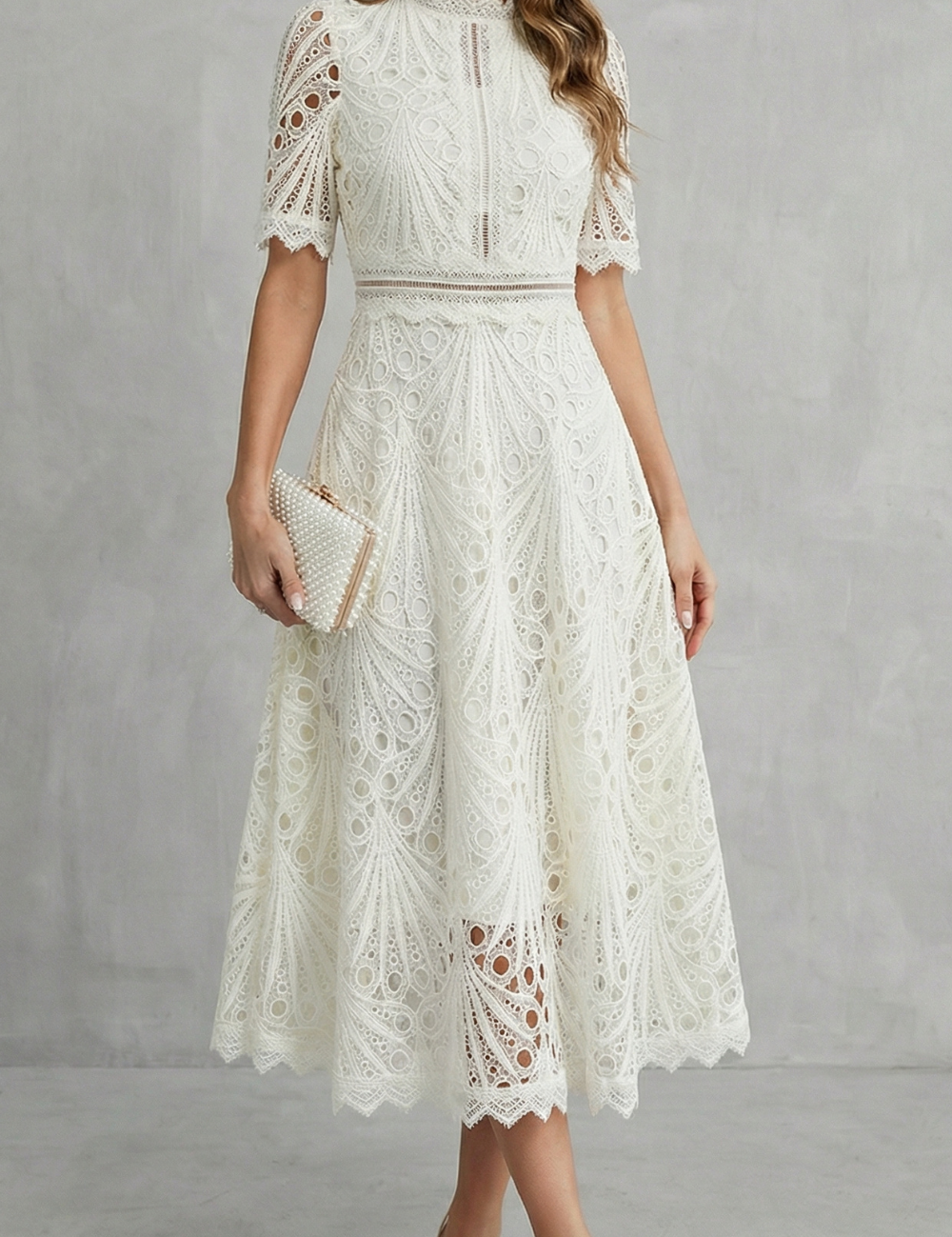 Cecily Hartwood | Hot Pink Lace High-Neck Midi Dress