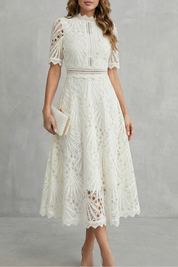 Cecily Hartwood | Hot Pink Lace High-Neck Midi Dress