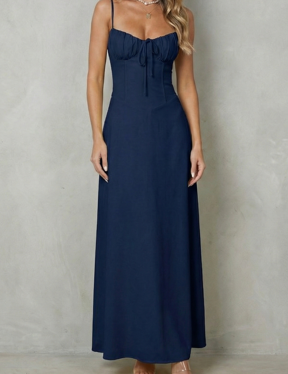 Elspeth Fairwood | Butter Yellow Corset Maxi Dress with Ruched Tie Bust