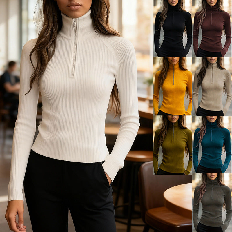 Cecily Wilson | Ribbed Knit Zip Mock Neck Top For Women