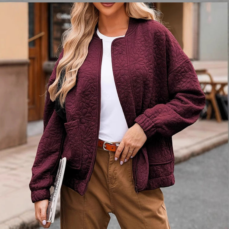 Diana Wood | Quilted Textured Zip-Up Bomber Jacket
