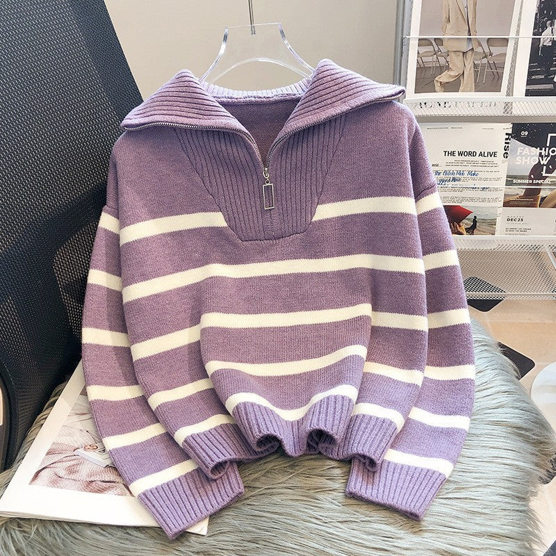Georgina Baker | Oversized Striped Half-Zip Knit Sweater