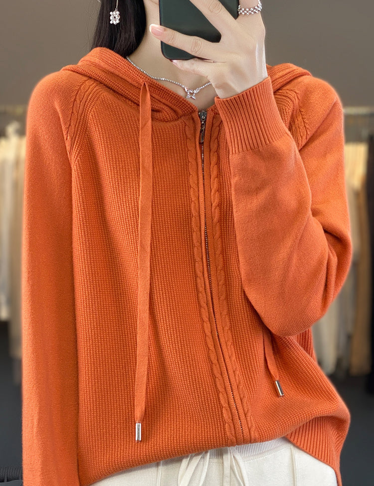Harriet Turner | Gilet à capuche beige en maille torsadée, zippé