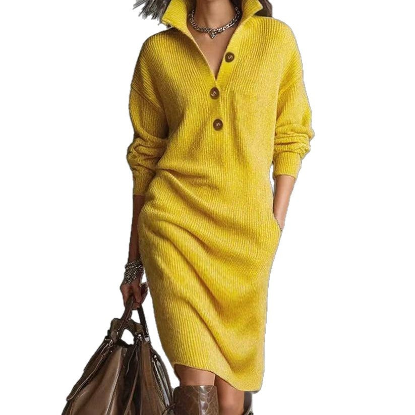 Emma Roberts | Ribbed Knit Midi Dress With Button Collar