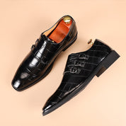 Arthur Thompson | Chaussures noires à triple bride monastique, effet croco