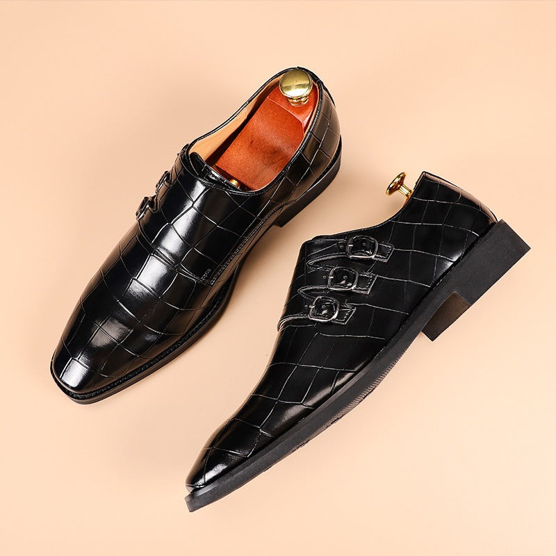 Arthur Thompson | Chaussures noires à triple bride monastique, effet croco
