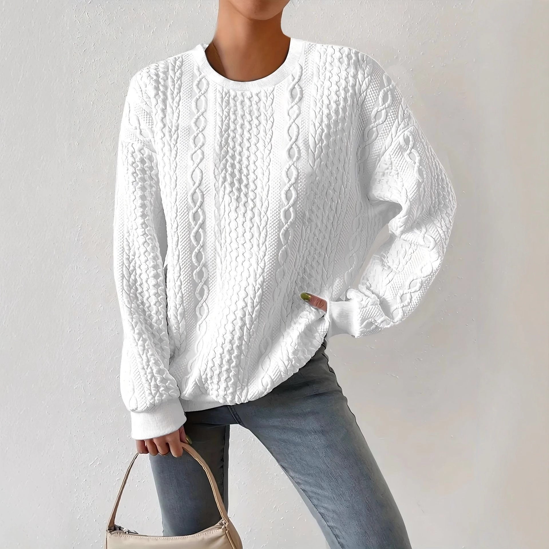 Beatrice Turner | White Cable Knit Crew-Neck Sweater