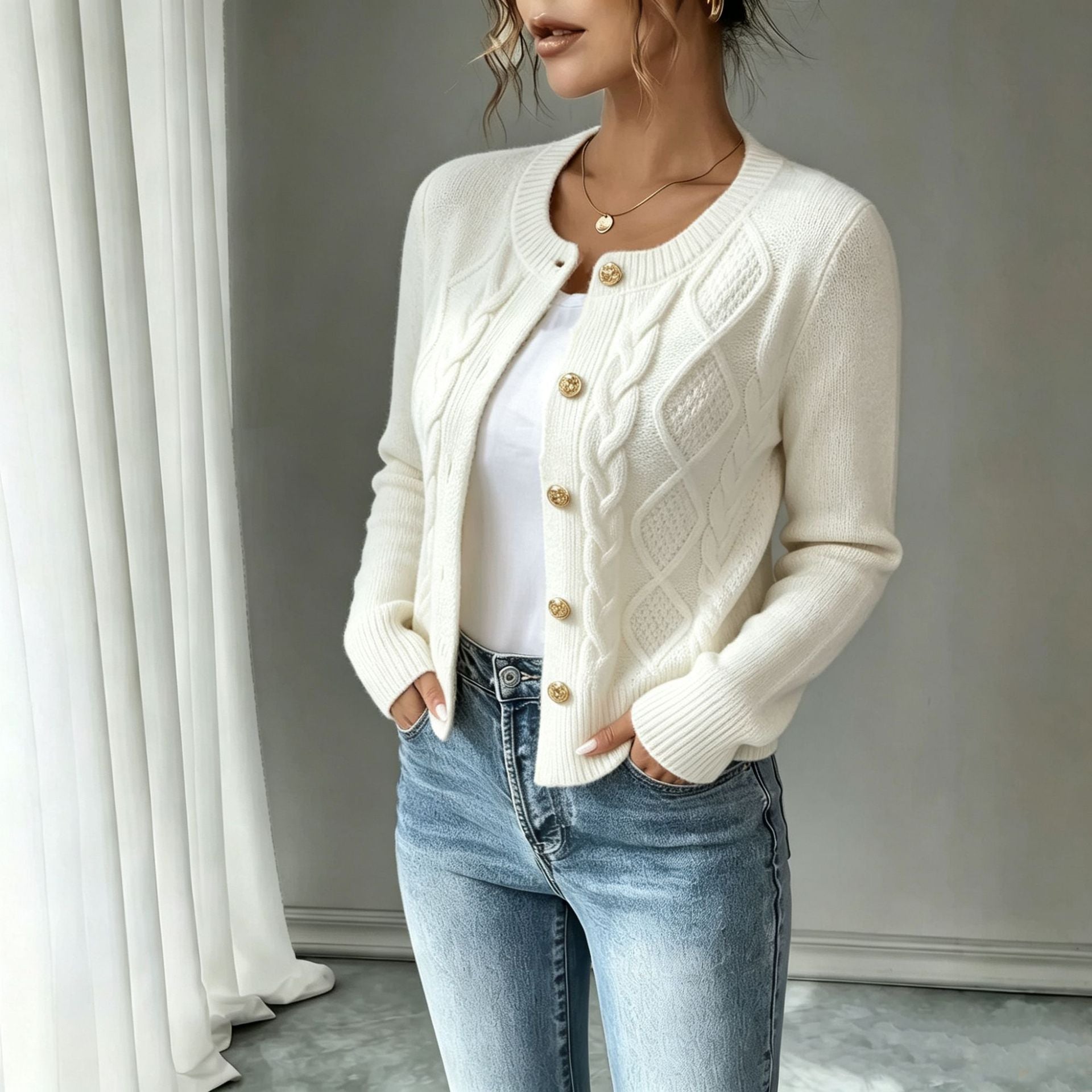 Beatrix Blackwood | Navy Cable-Knit Button Cardigan
