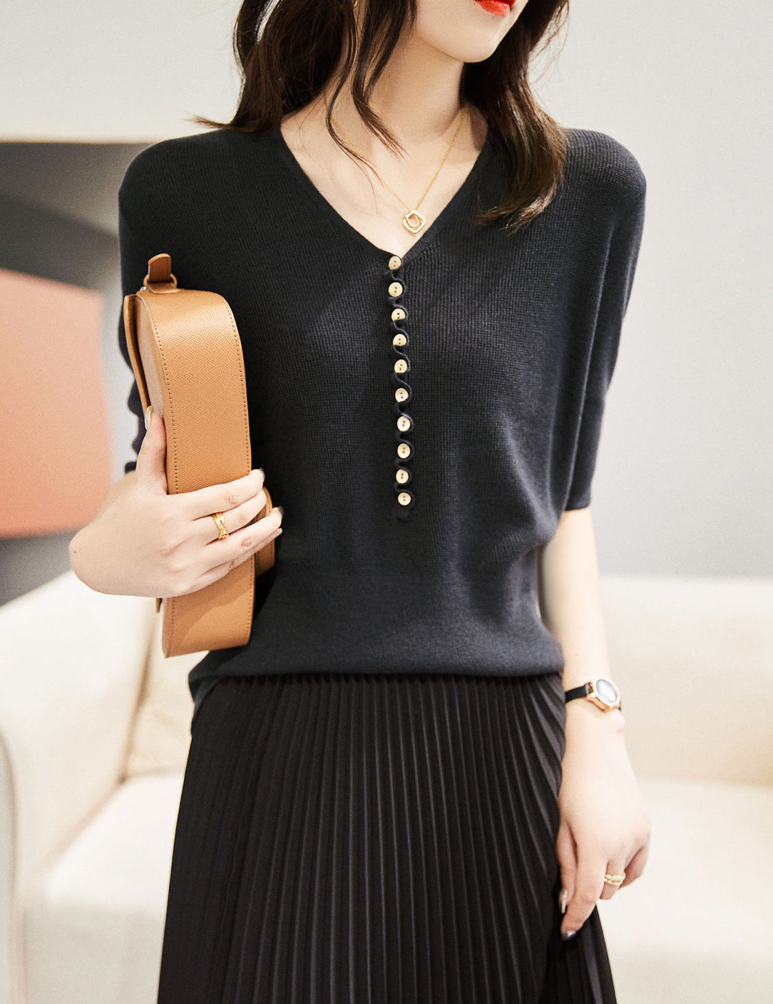 Georgina Hughes | Green Knit V-Neck Button Top