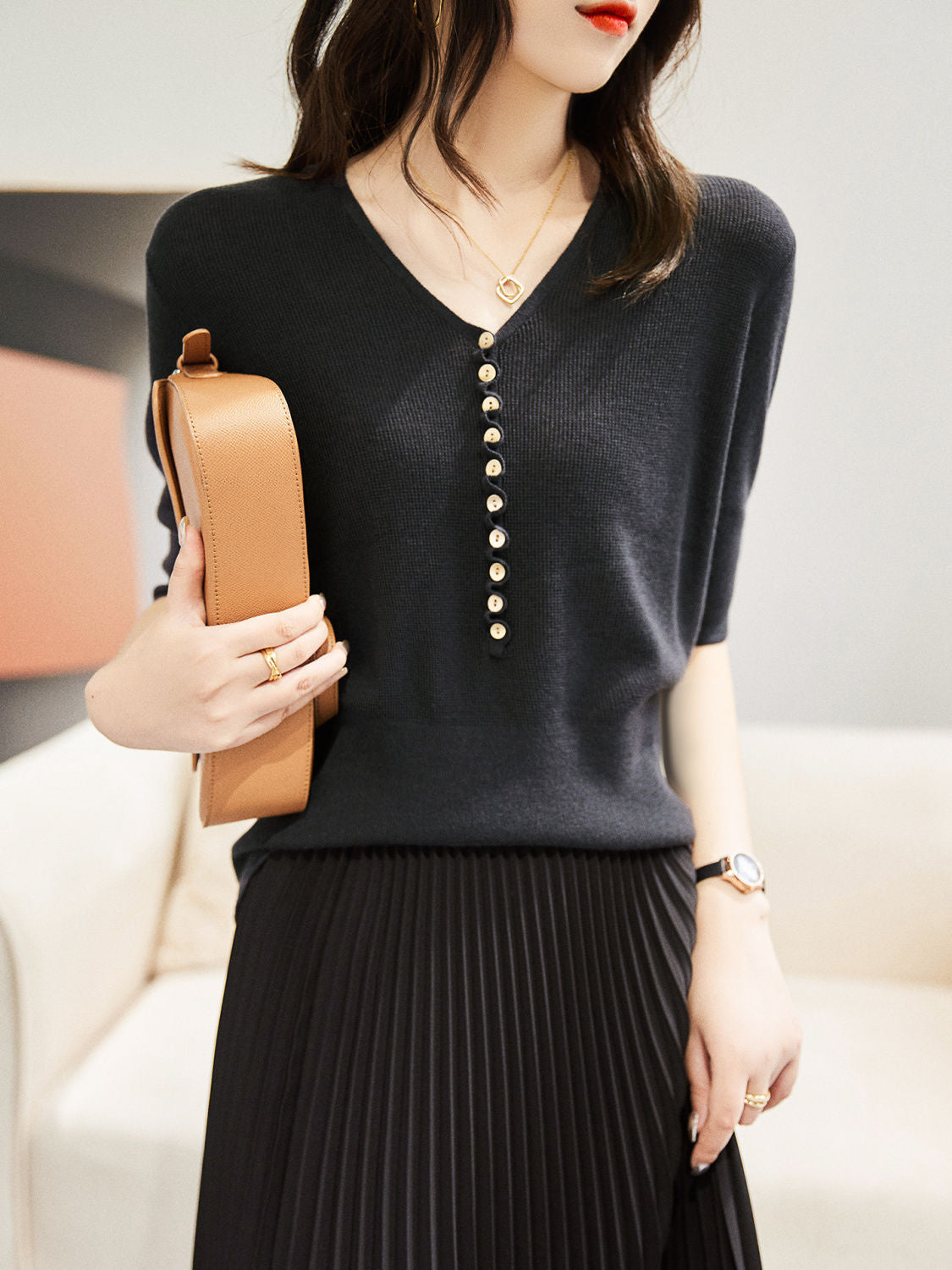 Georgina Hughes | Green Knit V-Neck Button Top