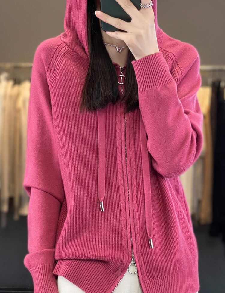 Harriet Turner | Gilet à capuche beige en maille torsadée, zippé