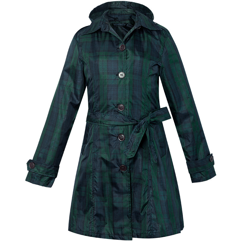 Isla Morrison | Hooded Tartan Trench Coat in Forest Green Plaid