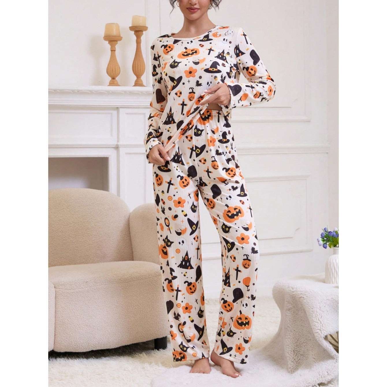 Pyjama d’Halloween « Câlin au chaudron » avec fantôme citrouille pour femmes