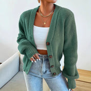 Orla Brown | Green Ribbed Knit Button-Front Cardigan