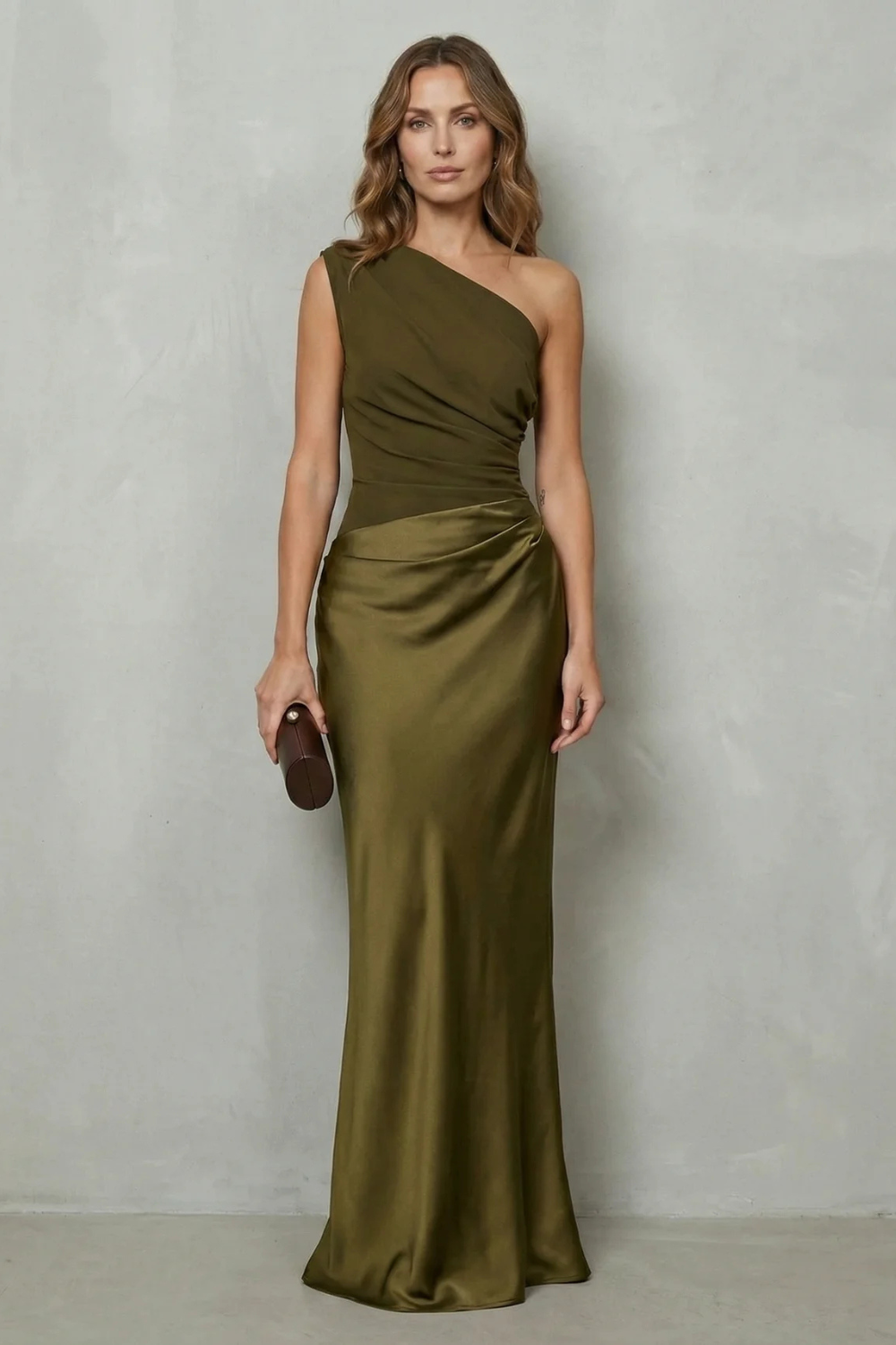 Penelope Scott | One-Shoulder Satin Maxi Dress in Chocolate Brown