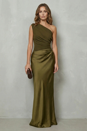 Penelope Scott | One-Shoulder Satin Maxi Dress in Chocolate Brown