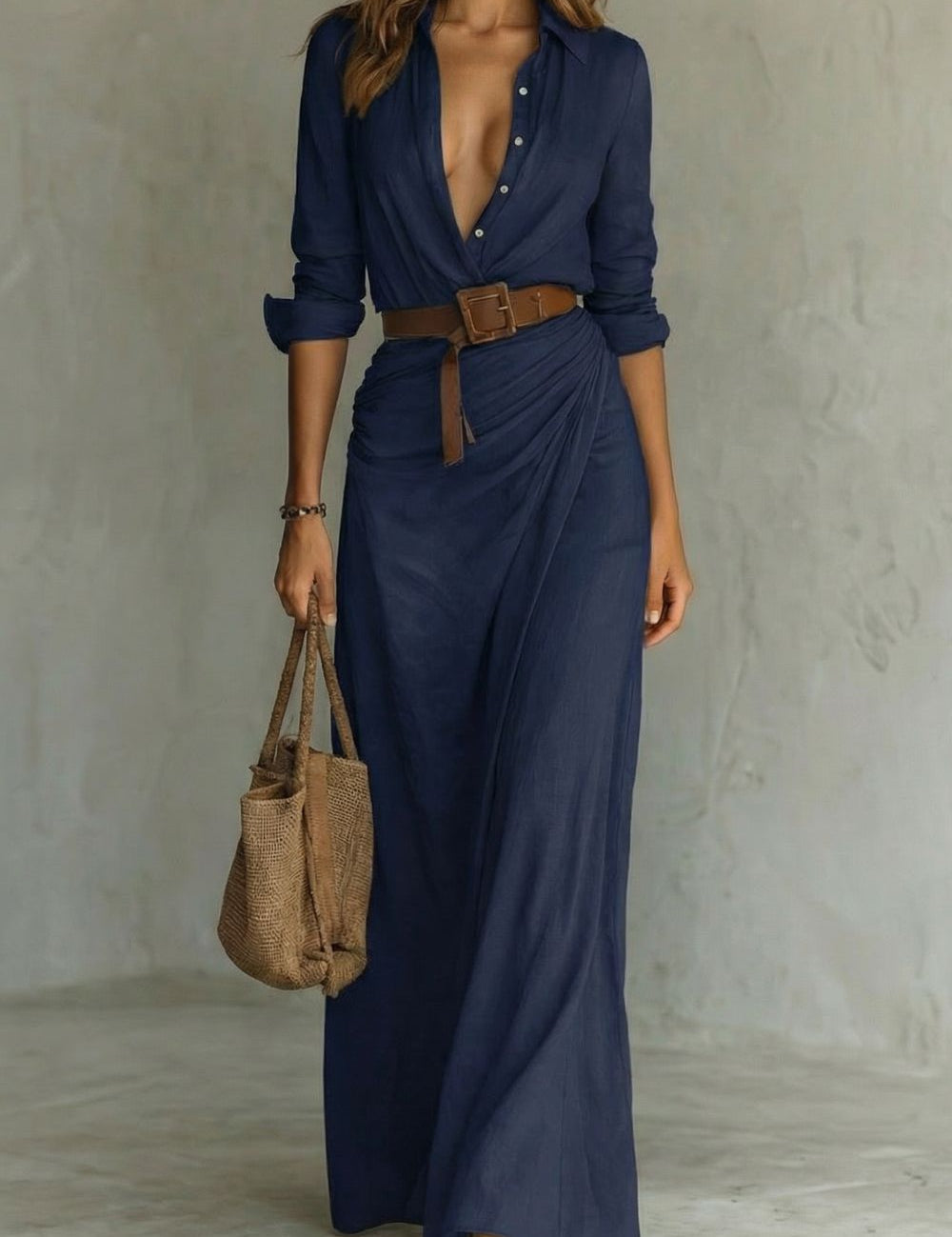 Elowen Harris | Deep V-Neck Belted Maxi Shirt Dress in Khaki