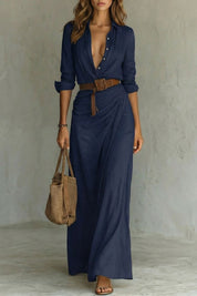 Elowen Harris | Deep V-Neck Belted Maxi Shirt Dress in Khaki