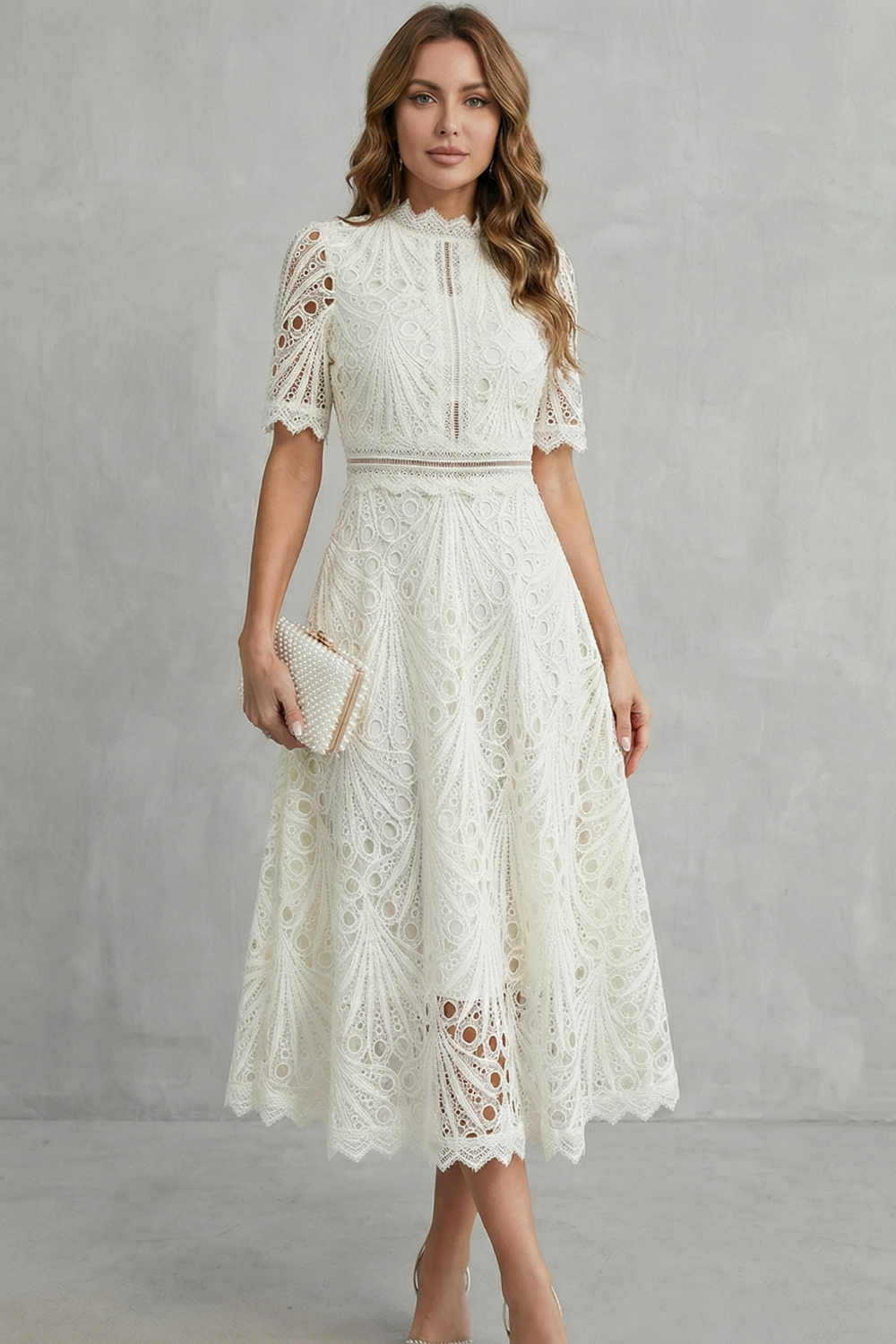 Cecily Hartwood | Hot Pink Lace High-Neck Midi Dress