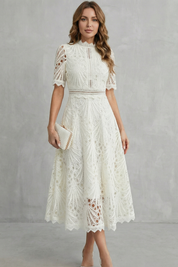 Cecily Hartwood | Hot Pink Lace High-Neck Midi Dress