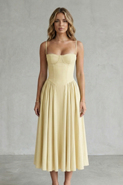Imogen Hall | Sage Green Corset Midi Dress with Pleated Skirt