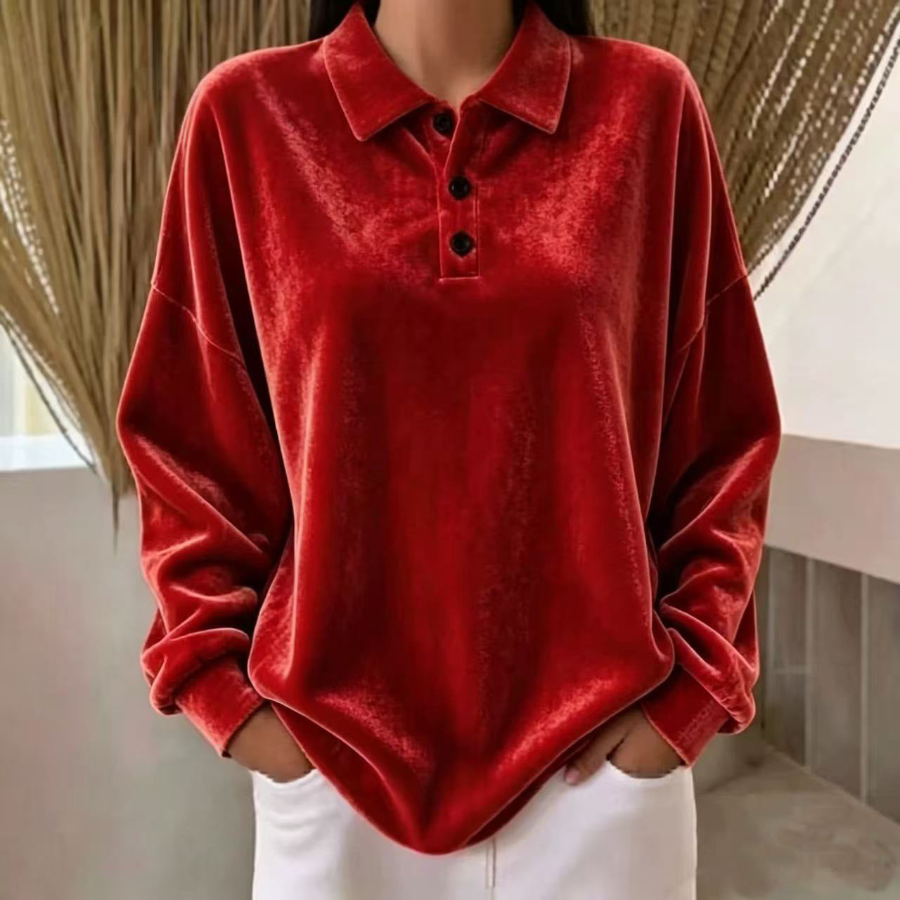 Victoria Cooper | Pink Velvet Long-Sleeve Polo Shirt
