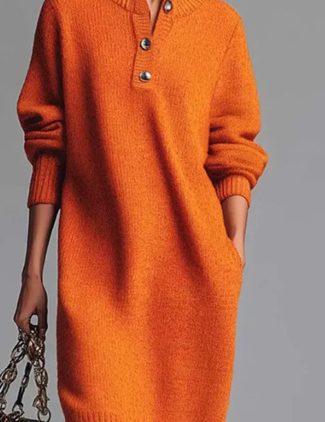 Emma Roberts | Ribbed Knit Midi Dress With Button Collar