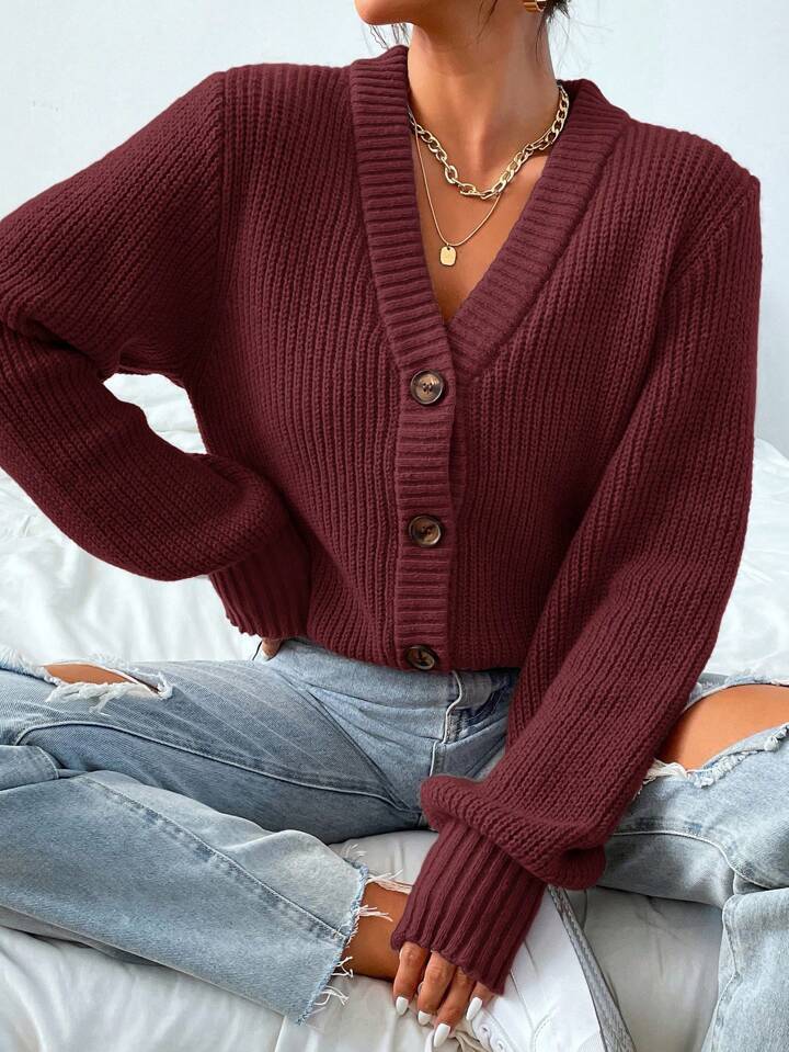 Orla Brown | Green Ribbed Knit Button-Front Cardigan