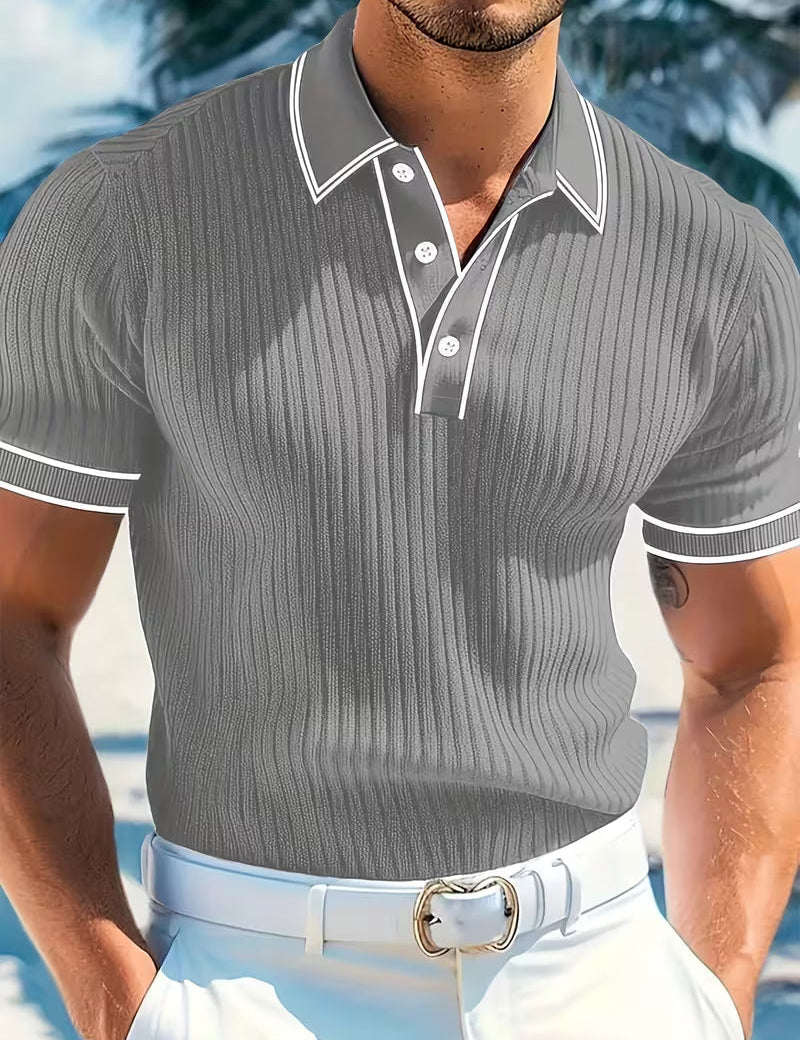 Oliver Blackstone | Men's Ribbed Knit Polo Shirt in Navy