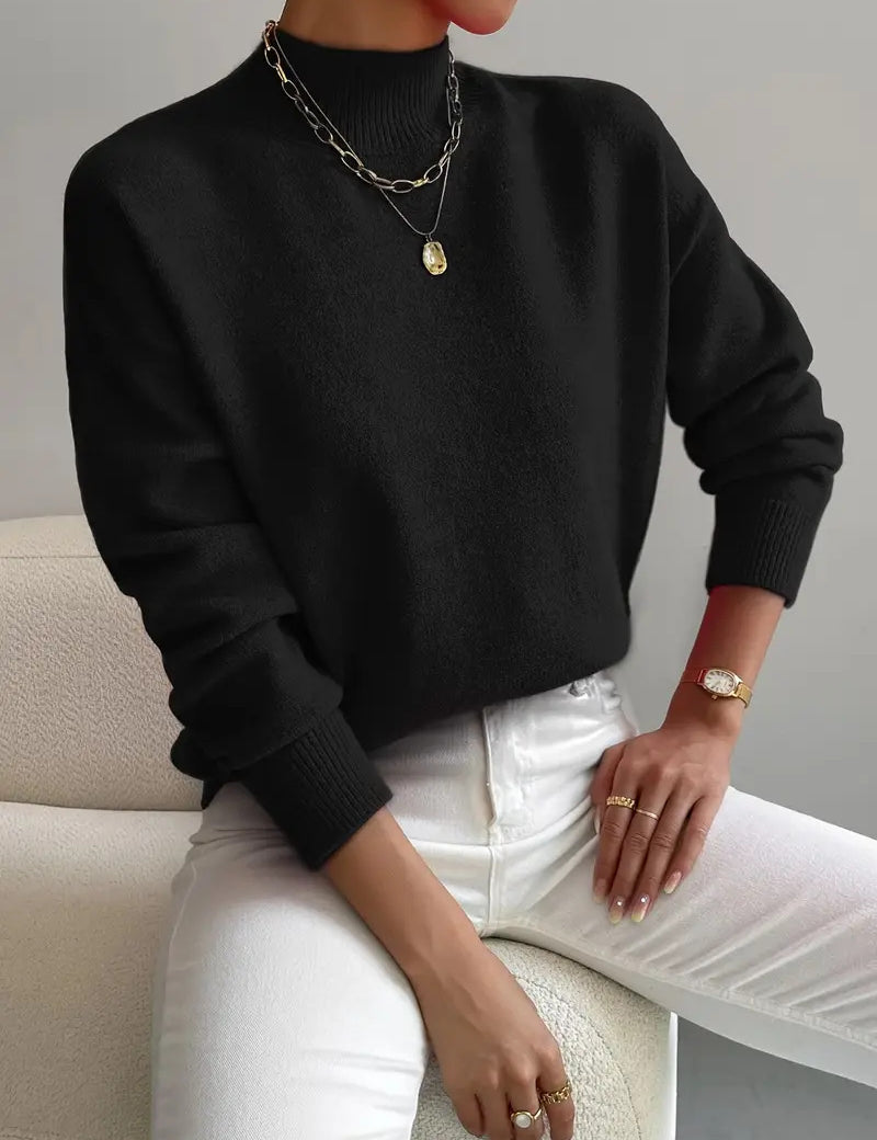 Genevieve Harding | White Ribbed Mock Neck Knit Sweater