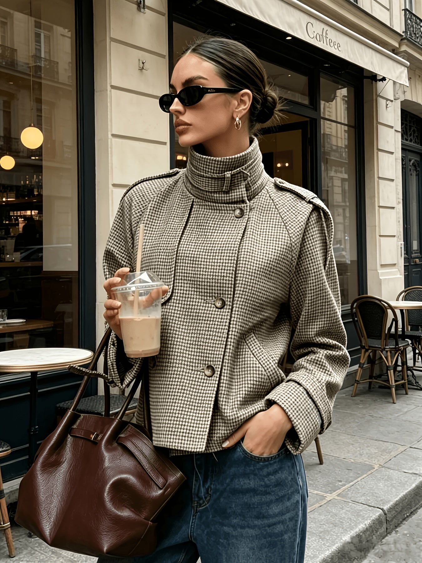 Clarissa Bellamy | Houndstooth Stand-Collar Cropped Jacket