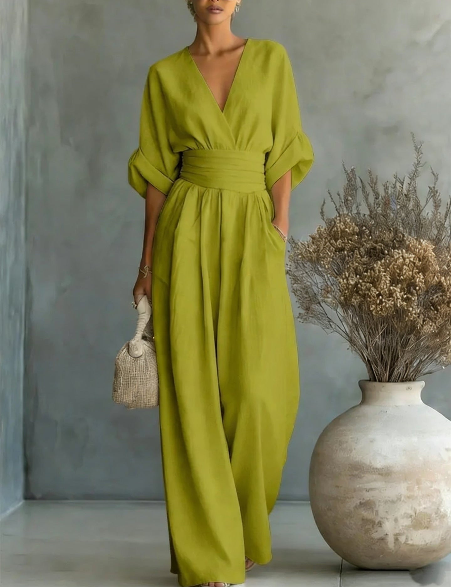 Edith Harrison | Olive Green Linen-Look Wide-Leg Jumpsuit