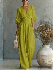Edith Harrison | Combinaison vert olive à jambes larges, aspect lin