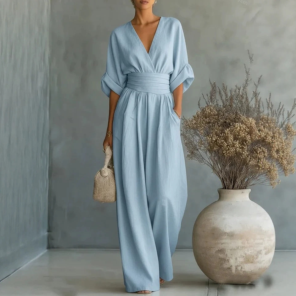Edith Harrison | Olive Green Linen-Look Wide-Leg Jumpsuit