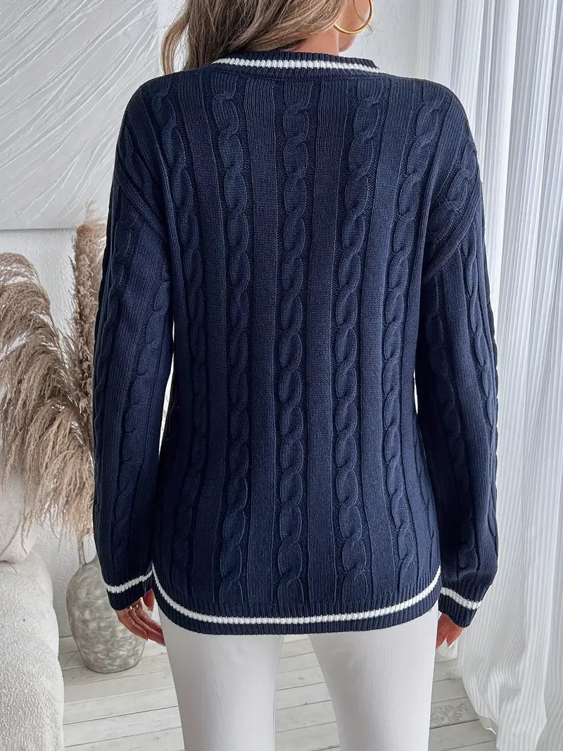 Lydia Campbell | Navy Cable Knit V-Neck Sweater