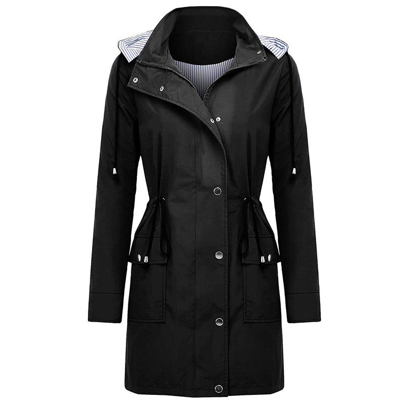 Grace Harrison | Hooded Drawstring Raincoat in Black, Khaki & Navy