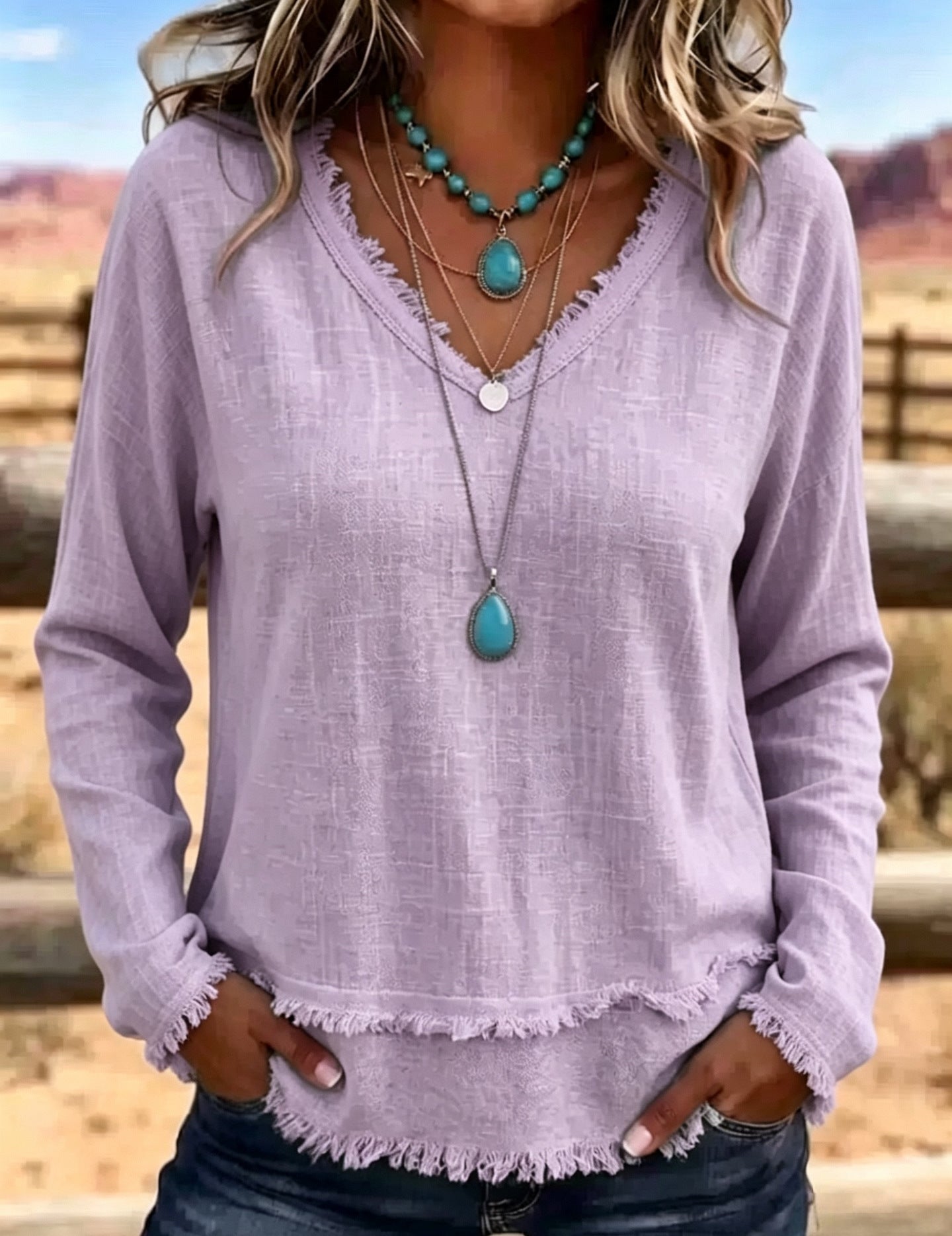 Susannah Fairweather | Pink Frayed-Edge V-Neck Top