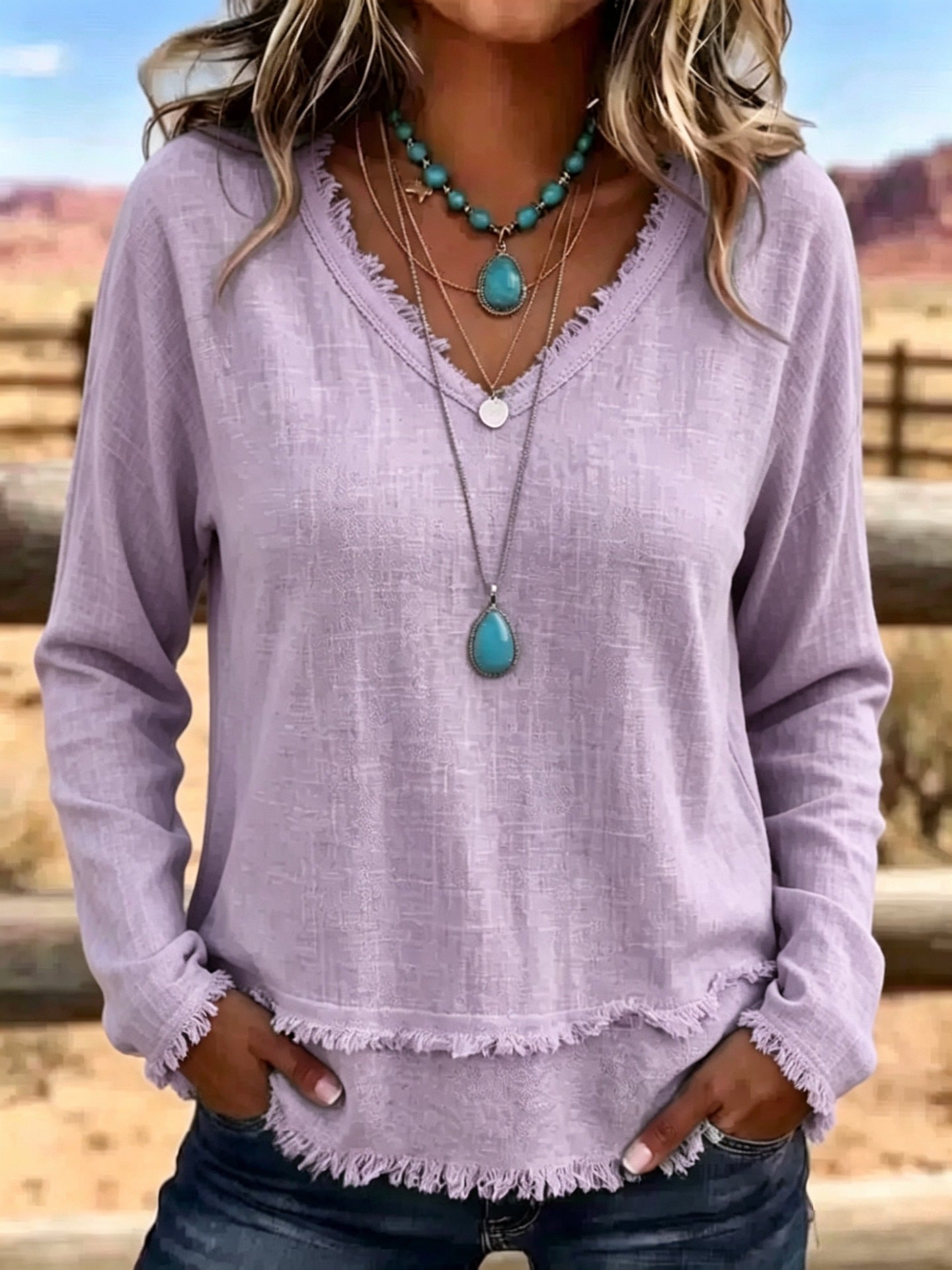 Susannah Fairweather | Pink Frayed-Edge V-Neck Top