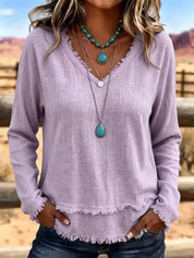 Susannah Fairweather | Pink Frayed-Edge V-Neck Top