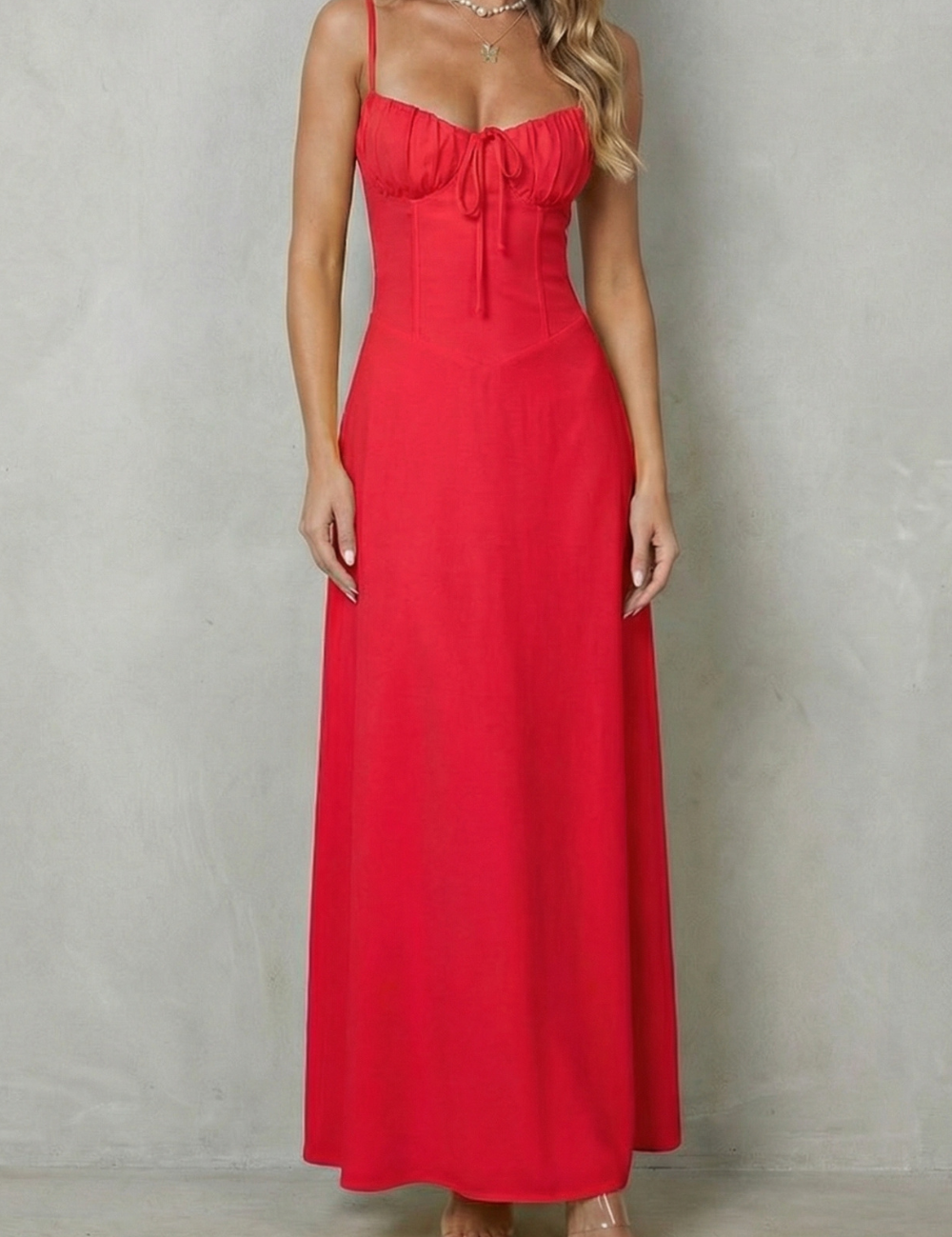 Elspeth Fairwood | Butter Yellow Corset Maxi Dress with Ruched Tie Bust
