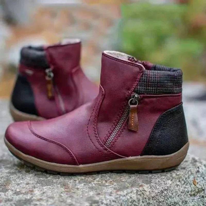 Mirabel Fontecroix | Burgundy Contrast Zip Ankle Boots