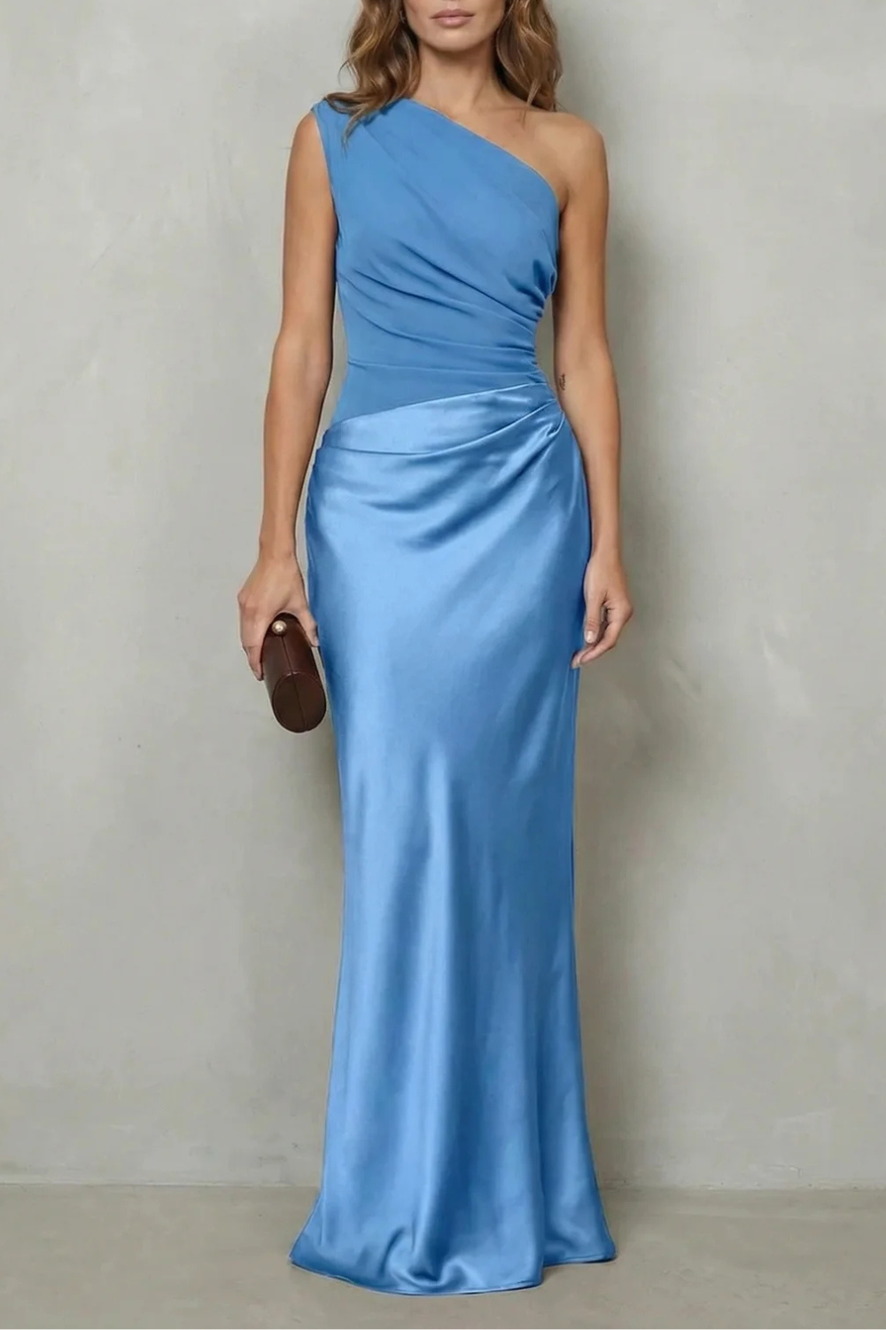 Penelope Scott | One-Shoulder Satin Maxi Dress in Chocolate Brown
