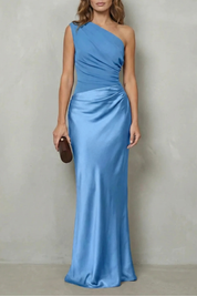 Penelope Scott | One-Shoulder Satin Maxi Dress in Chocolate Brown
